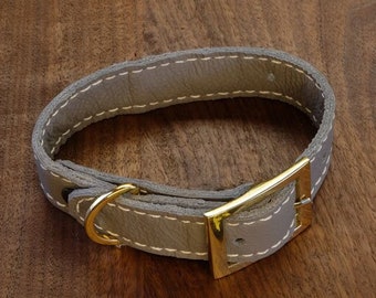 Gray & Brass Leather Dog Collar., Small, 1" width