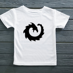 May include: White t-shirt featuring a black dragon design. The dragon is stylized with a curved body and a detailed head. The shirt is made of a soft, lightweight fabric, perfect for casual wear.