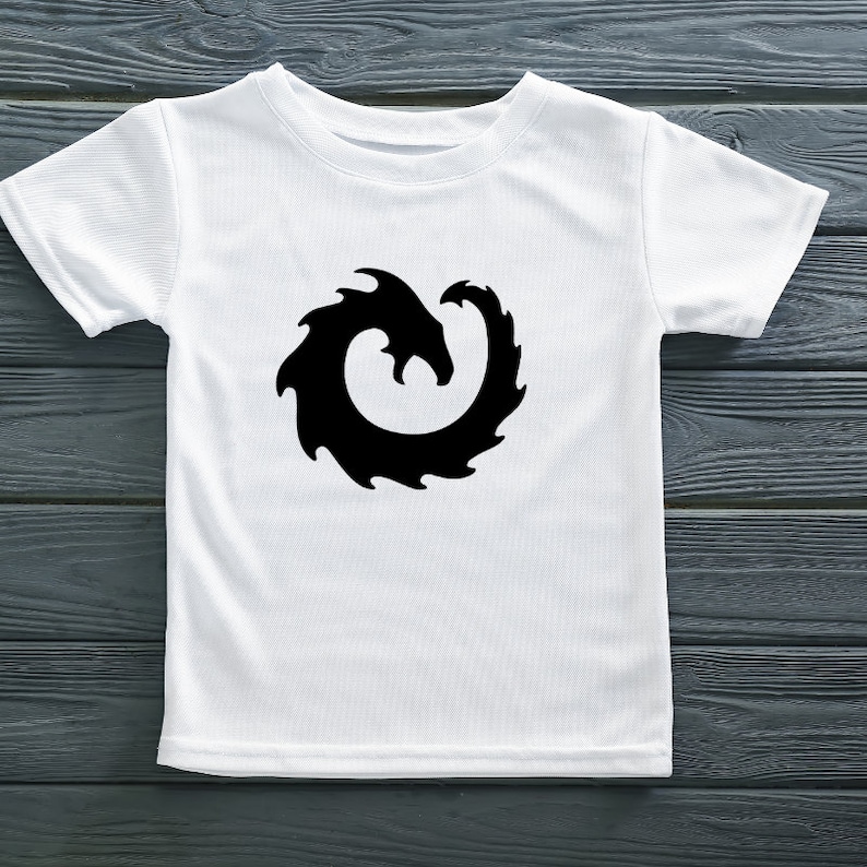 May include: White t-shirt featuring a black dragon design. The dragon is stylized with a curved body and a detailed head. The shirt is made of a soft, lightweight fabric, perfect for casual wear.