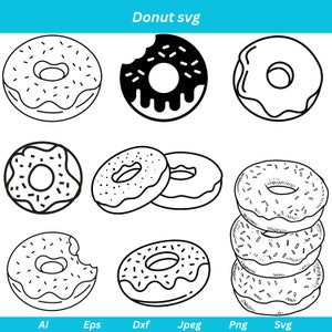May include: A set of nine black and white line drawings of donuts. The donuts are in various shapes and sizes, some with sprinkles and some with bites taken out of them.