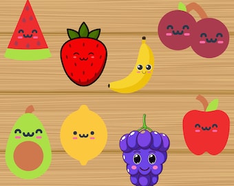 Kawaii Fruit Clipart: Cartoon Fruit SVG, PNG (Digital Download)