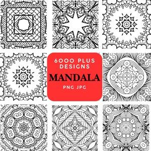 May include: A collection of black and white mandala designs. The image features various intricate patterns, including floral and geometric shapes. A red square in the center displays the text "6000 PLUS DESIGNS MANDALA PNG JPG".