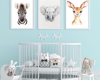 Safari Animal Nursery Prints: Elephant, Zebra, Deer (Digital Download)