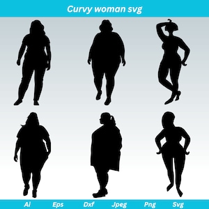 May include: Six black silhouette images of women in different poses. The women are all curvy and have different hairstyles. The images are in a grid format with the words "Ai", "Eps", "Dxf", "Jpeg", "Png", and "Svg" below each image.