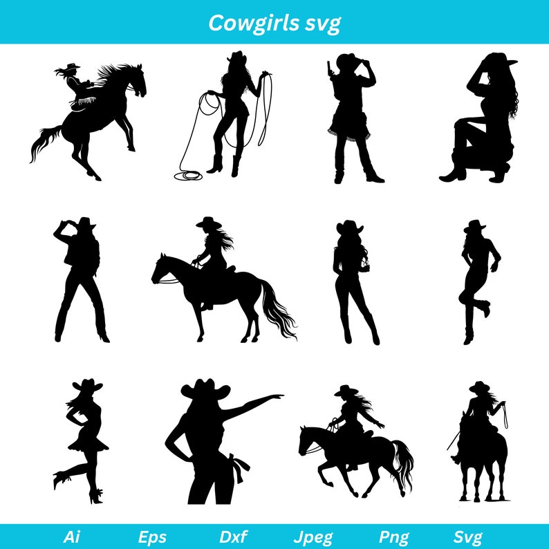 May include: A set of ten black and white silhouette images of cowgirls in various poses. The cowgirls are wearing cowboy hats and boots. Some are riding horses, some are holding ropes, and some are standing with their hands on their hips. The images are perfect for use in crafts, scrapbooking, or digital design.