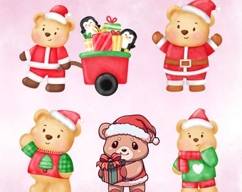 Christmas Teddy Bear SVG Clipart: Santa Hat, Tree (Digital Download)