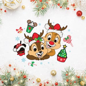 May include: A Christmas-themed illustration featuring two cartoon chipmunks wearing Santa hats and reindeer antlers. The chipmunks are surrounded by festive decorations, including candy canes, snowflakes, and a Christmas tree cupcake.