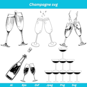 Può includere: Illustrazione in bianco e nero a linea di bicchieri di champagne. L'immagine mostra una varietà di bicchieri di champagne, tra cui una coppia di bicchieri che brindano, una coppia di bicchieri con champagne che schizza, una bottiglia di champagne con un tappo che salta, e una piramide di bicchieri di champagne.
