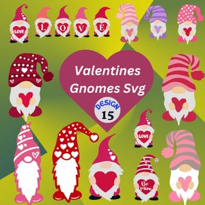May include: A set of 15 Valentine's Day gnome SVG designs. The gnomes are wearing red, pink and white hats with hearts and stripes. Some gnomes are holding hearts, while others have signs that say "Love" and "Be Mine".
