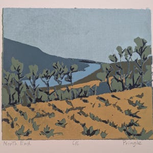 May include: A landscape print titled "North End" by Pringle. The artwork depicts a stylized scene with a blue sky, a dark blue mountain, and a yellow-brown field with green foliage. The print has a textured appearance.