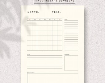 Minimalist Monthly Planner Printable, Monthly To Do List for Work/Home, Productivity Planner, Undated Planner, Blank Monthly Planner