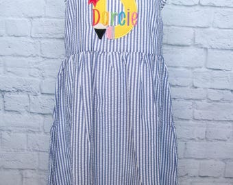 Personalized Seersucker Dress | Pencil Appliqué, Custom Name Embroidery, Back to School Outfit