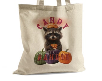 Halloween Candy Trick or Treat Bag with trash panda, Pumpkins, Candy Bandit,  Halloween Party Favor, October fall fun tote