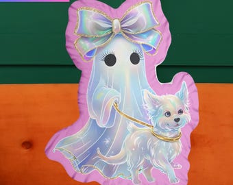 Girl Ghost walking Dog Pillow-coquette Halloween pink purple girlie spirit,cute ghost dog cushion, dog owner gift, Summerween decor