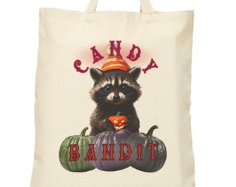 Happy Halloween Raccoon Pumpkin Candy Bandit Tote Bag, Trick or Treat Canvas Bag, Kids Candy Holder, Halloween Gift