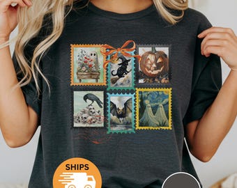 Halloween Stamp Shirt, retro floral ghost raven and skull Graphic Tee, Black Cat witch, bat, Comfort Colors spooky season shirt, Poe raven
