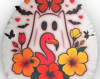 Summerween Ghost Pillow – Cute black cat Ghost with Flamingo & Tropical Flowers – Spooky Summer Decor – Kawaii Halloween Plush Cushion
