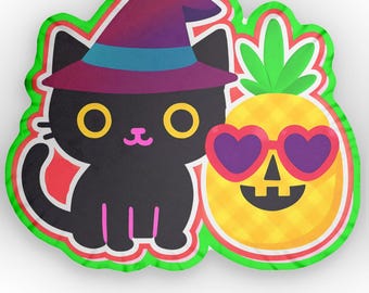 Summerween Black Cat Witch and pineapple jack-o-lantern custom shaped pillow. Halloween in July, Hot Ghoul Summer gift decor spooky season