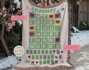 Personalized Wordle Woven Blanket- custom grandkid names, personalized for Grandma, Gigi, Nana, Mimi, Yaya or any grandparent name you like!
