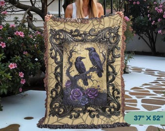 Gothic Raven blanket, Halloween couch throw, Edgar Allen Poe design, Wedding, couple gift. Anniversary present for couple. Victorian Floral