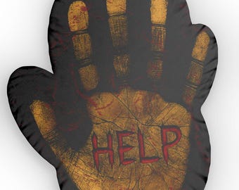 Creepy Halloween Handprint Pillow with carved "HELP" – Horror-Movie Bloody Hand Cushion – Spooky Haunted House Decor-Murderino Summerwee
