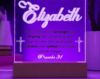 Personalized Proverbs 31 LED lighted sign - for the inspirational Christian woman. Custom Bible quote gift. Cloaked in Strength and Dignity.