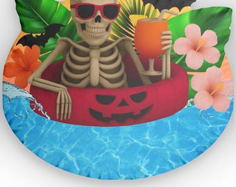 Summerween Skeleton Pool Pillow – Halloween Skeleton in Floatie with Drink – Tropical Spooky Decor – Funny Hot Ghoul Summer Plush
