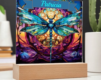 Personalized Dragonfly Acrylic night light-multi-color LED light sign-Stained glass look -Custom Name Decor