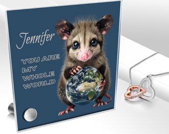 Personalized Possum Sign with linked hearts necklace. Unique greeting card alternative. Cute opossum holds the world. Great 4 Valentine's!