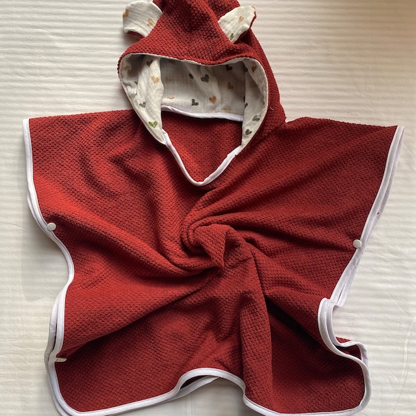 Bath poncho with hood and ears made of cotton terry and muslin (from 18 months) carmine red