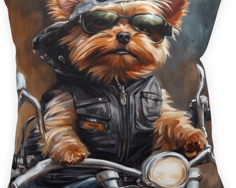 Dog Breed Broadcloth Pillow- Yorkie on a Motorcycle 7