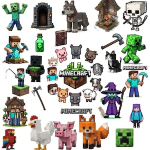 90 PNGs Minecraft PNG Cute Images, Steve, Alex, Creeper, Fox, Panda, Ender dragon, Cat Dog Mine Craft Stickers, clipart set, video game art