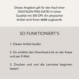 May include: A digital download for a PNG file of a printable learning resource. The text reads: "This offer is valid for the purchase of a DIGITAL PNG FILE in high quality with 300 DPI. A physical item will not be sent to you. SO IT WORKS 1. Buy this item 2. You will receive the download link at the checkout and by email. 3. Print and start the learning journey!"