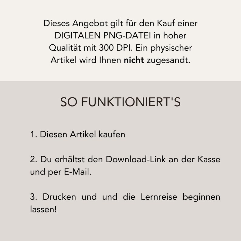 May include: A digital download for a PNG file of a printable learning resource. The text reads: "This offer is valid for the purchase of a DIGITAL PNG FILE in high quality with 300 DPI. A physical item will not be sent to you. SO IT WORKS 1. Buy this item 2. You will receive the download link at the checkout and by email. 3. Print and start the learning journey!"