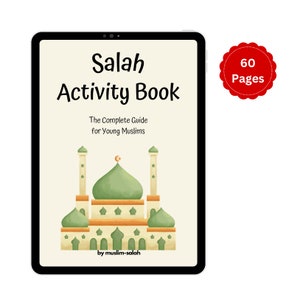 Könnte beinhalten: Ein digitales Tablet zeigt ein Buchcover mit dem Titel "Salah Activity Book: The Complete Guide for Young Muslims". Das Cover zeigt eine farbenfrohe Illustration einer Moschee mit einer grünen Kuppel und Minaretten. Das Buch hat 60 Seiten und ist von muslim-salah.