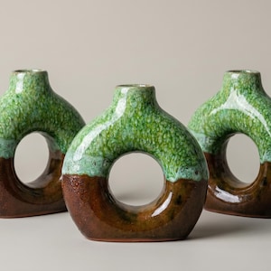 Handmade Moroccan Ceramic Donut Vase, Green Glazed Berber Pottery, Boho Home Decor