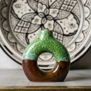 Handmade Moroccan Ceramic Donut Vase, Green Glazed Berber Pottery, Boho Home Decor