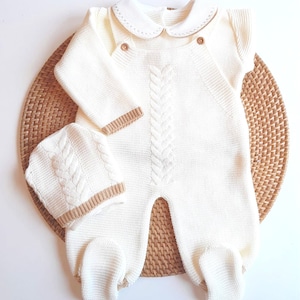 Newborn Knitted Set cream Hat, cream and camel SET, baby clothes, newborn set, Newborn knitted clothing, Newborn Boy Outfit