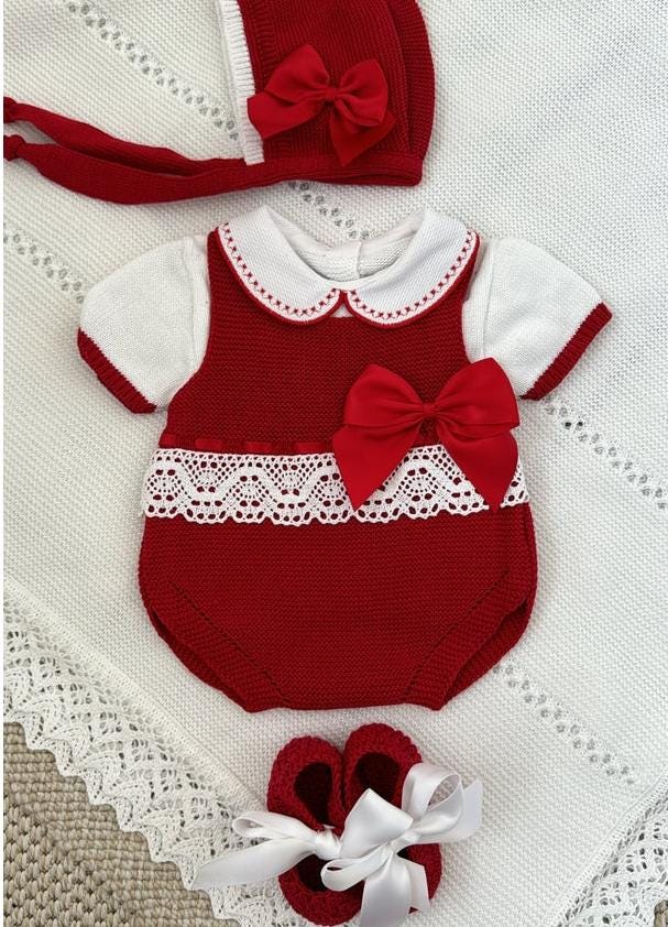 Spanish style knitted newborn short set, red and white color with shoes and hat, bow detail
