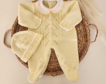 Spanish Style knitted newborn romper, newborn outfit first baby knitted outfit baby knit outfit, yellow color