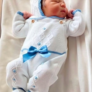 Knitted newborn set with hat, white with cobalt blue set, baby clothes, newborn set