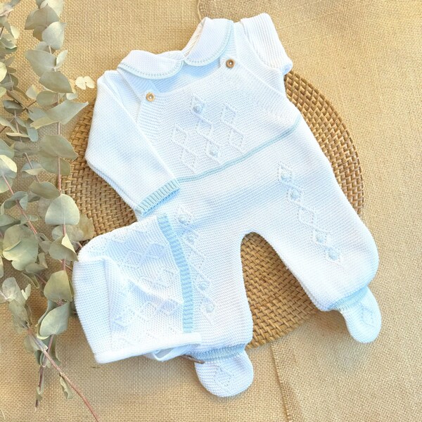 Spanish Style knitted newborn romper, newborn outfit first baby knitted outfit baby knit outfit, cobalt blue with white, gift for baby