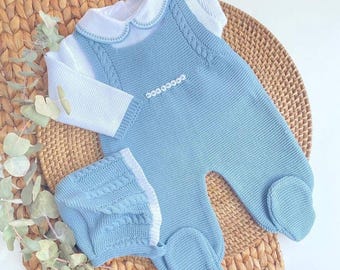 Conjunto de punto estilo español para recién nacido, tejido a mano, primer conjunto para bebé, conjunto de punto para bebé, en color azul acero, modelo "Paula".