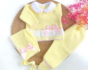 Newborn girl coming home outfit in yellow and pink, knitted baby outfit, baby girl outfit