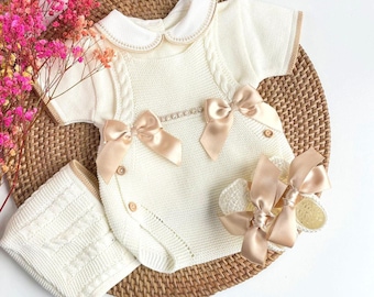 Outfit Knitted Newborn Set Beige Hat, Beige SET, baby clothes, newborn set, Knitted newborn clothes, Newborn girl outfit with shoes