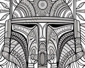 May include: A black and white detailed illustration of a Star Wars Mandalorian helmet with intricate patterns and designs.