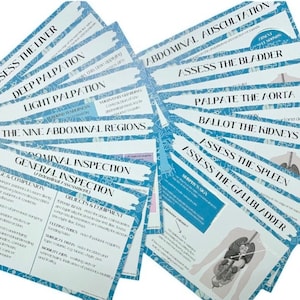 May include: A set of blue and white flashcards with titles such as "Assess the Liver", "Deep Palpation", "Light Palpation", "The Nine Abdominal Regions", "General Inspection", "Abdominal Auscultation", "Assess the Bladder", "Palpate the Aorta", "Ballot the Kidneys", "Assess the Spleen", and "Assess the Gallbladder".