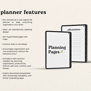 Puede incluir: Dos p&aacute;ginas de planificador digital en la pantalla de una tableta. La p&aacute;gina izquierda tiene el texto "Planning Pages" con un icono de l&aacute;piz. La p&aacute;gina derecha tiene el texto "affirmations +" con una lista de l&iacute;neas en blanco.