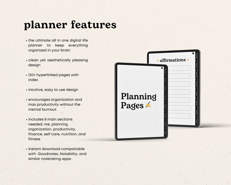 Puede incluir: Dos p&aacute;ginas de planificador digital en la pantalla de una tableta. La p&aacute;gina izquierda tiene el texto "Planning Pages" con un icono de l&aacute;piz. La p&aacute;gina derecha tiene el texto "affirmations +" con una lista de l&iacute;neas en blanco.