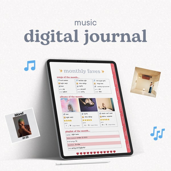 Digital Music Journal for Music Enthusiast | Aesthetic Media Tracker | Release Calendar, Songs Library, Playlist Tracker | Notability iPad